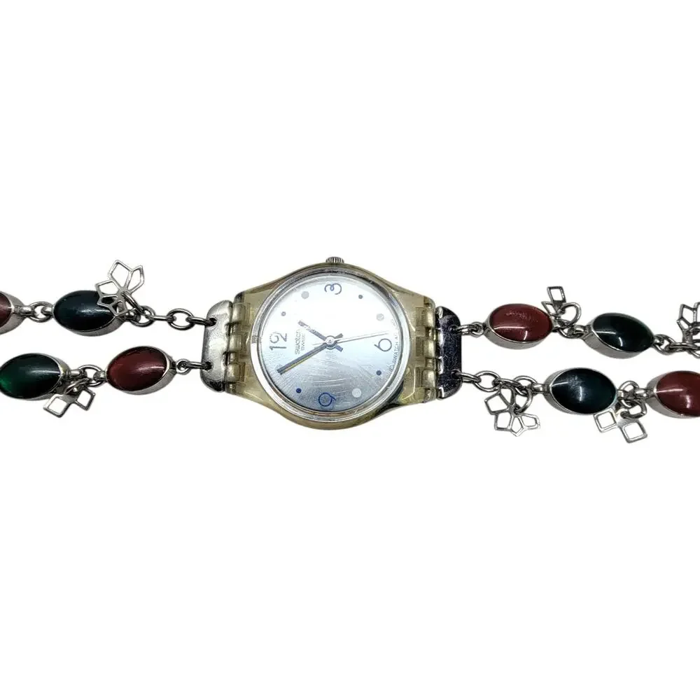 Swatch 2009 Lady Charm Bracelet Watch Swiss Quartz Multicolor Stone Dainty